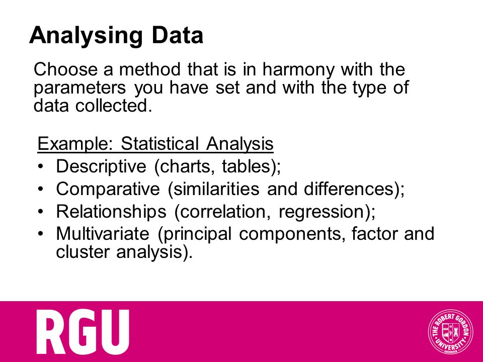 Analysing Data Choose a method that is in harmony with the parameters you have set and with the type of data collected.