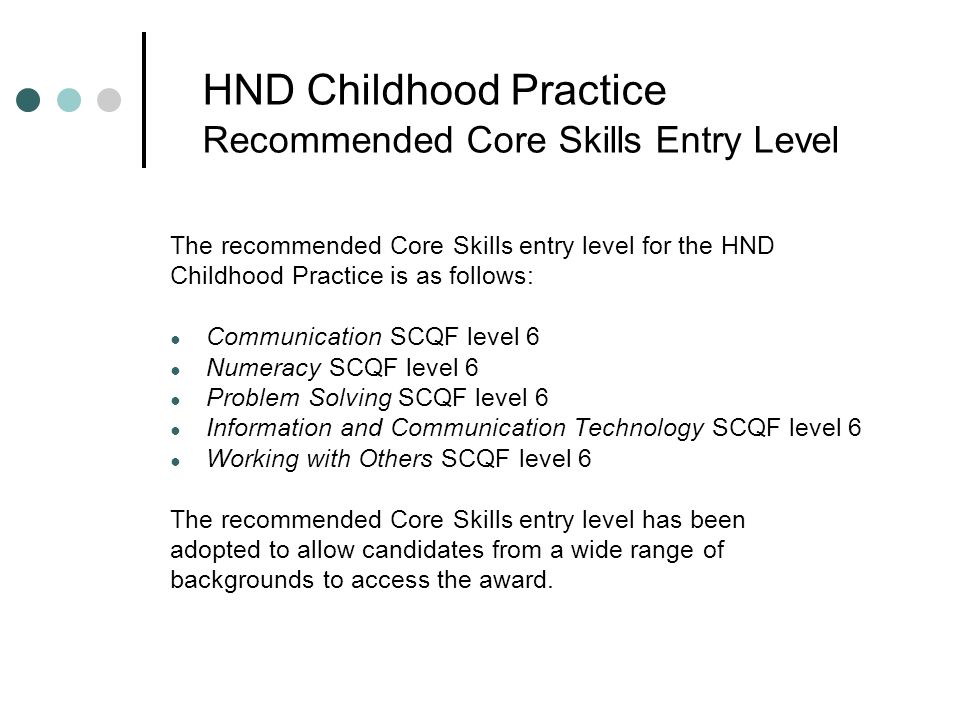 HND Childhood Practice Recommended Core Skills Entry Level