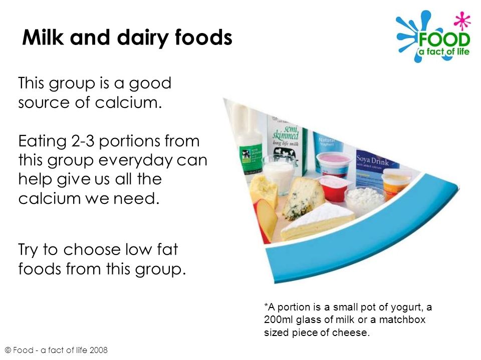 Milk and dairy foods This group is a good source of calcium.