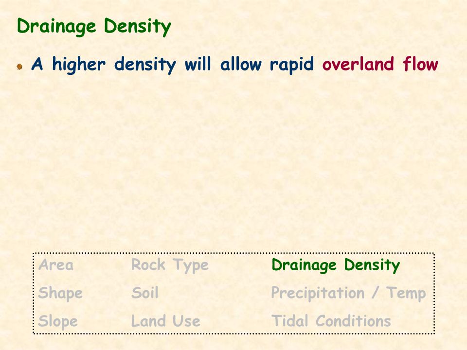 Drainage Density A higher density will allow rapid overland flow