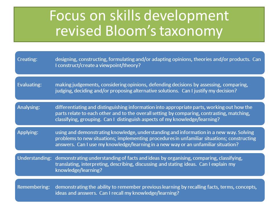 Focus on skills development revised Bloom’s taxonomy