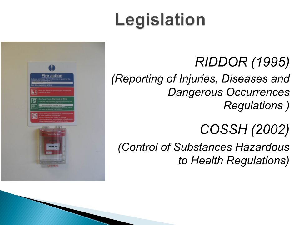 Legislation RIDDOR (1995) COSSH (2002)