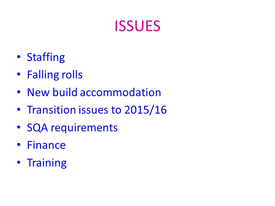 ISSUES Staffing Falling rolls New build accommodation