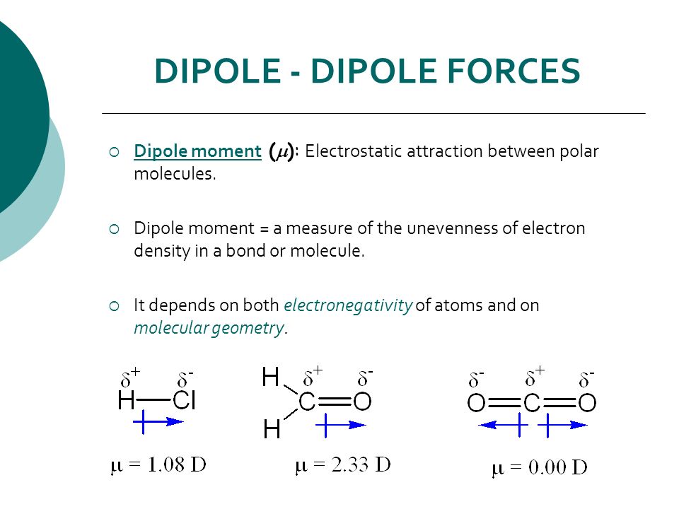 DIPOLE - DIPOLE FORCES Dipole moment (m): Electrostatic attraction between ...