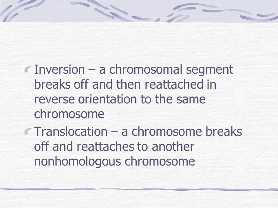 Inversion – a chromosomal segment breaks off and then reattached in reverse orientation to the same chromosome
