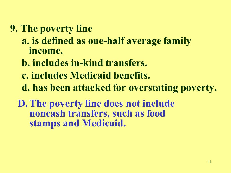 9. The poverty line a. is defined as one-half average family income. b. includes in-kind transfers.