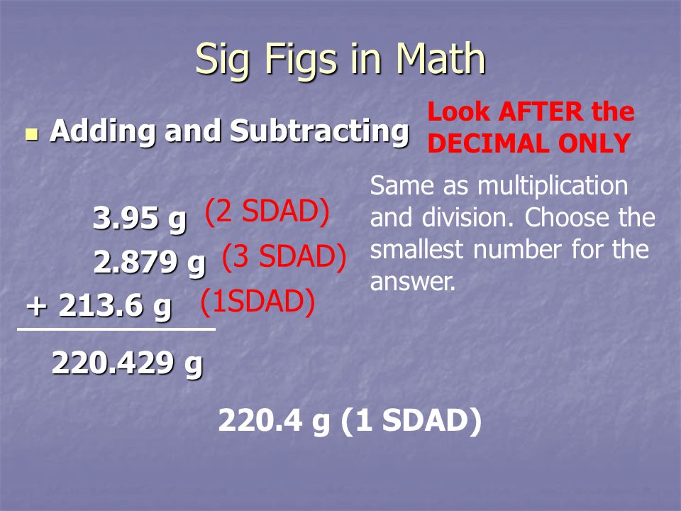 Sig Figs in Math Adding and Subtracting 3.95 g g (2 SDAD)
