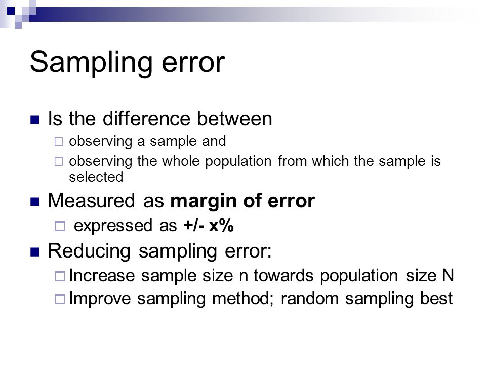 Sampling error Is the difference between Measured as margin of error