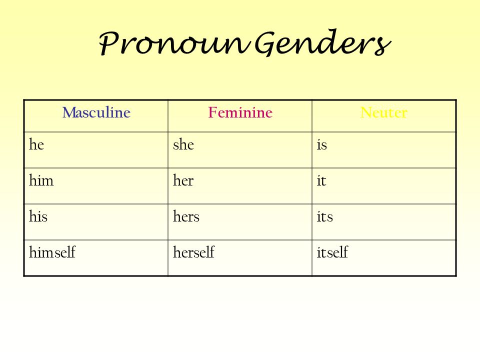 Pronoun Genders Masculine Feminine Neuter he she is him her it his.