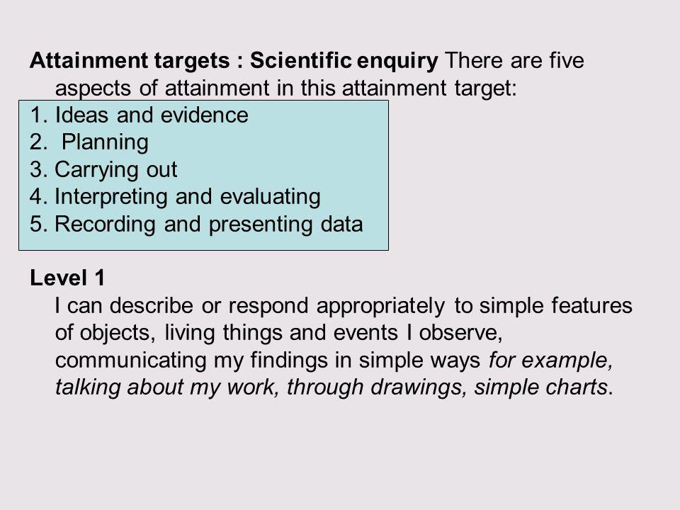 Attainment targets : Scientific enquiry There are five aspects of attainment in this attainment target: