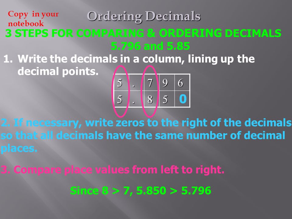 3 STEPS FOR COMPARING & ORDERING DECIMALS and 5.85