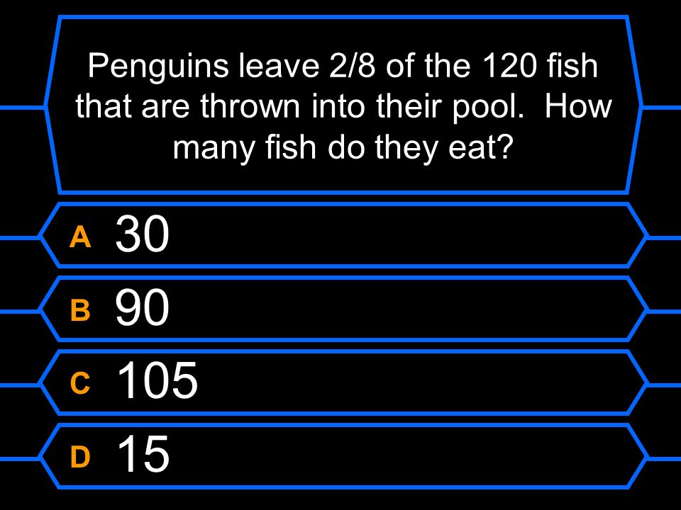 Penguins leave 2/8 of the 120 fish that are thrown into their pool