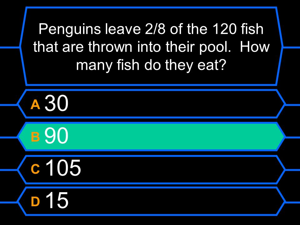 Penguins leave 2/8 of the 120 fish that are thrown into their pool