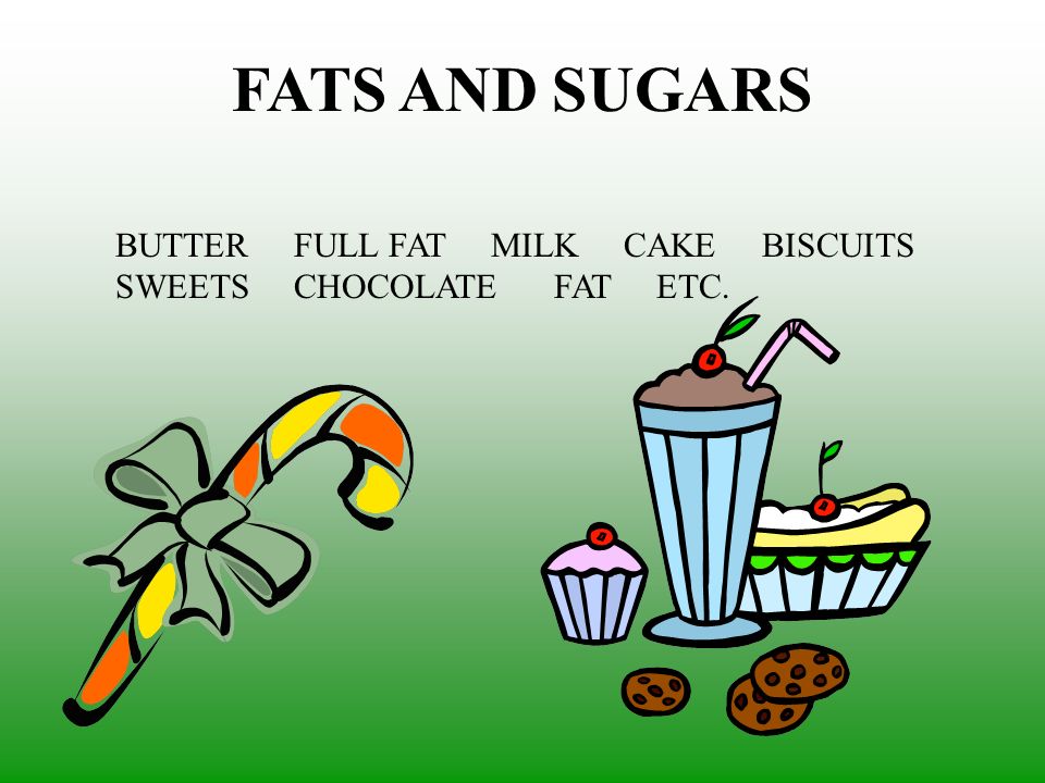 FATS AND SUGARS BUTTER FULL FAT MILK CAKE BISCUITS SWEETS CHOCOLATE FAT ETC.