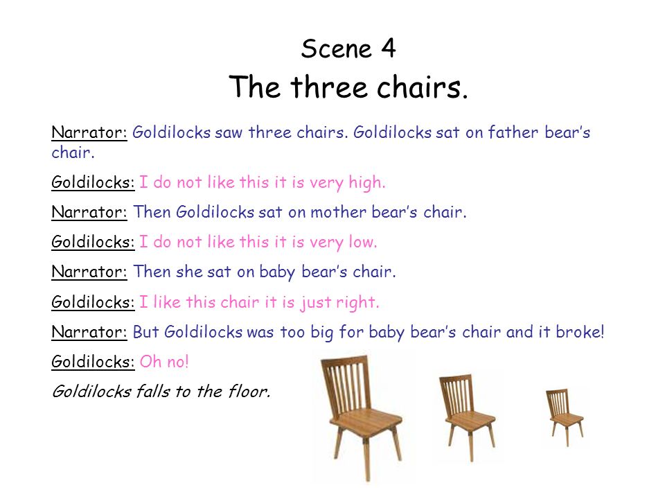 Scene 4 The three chairs. Narrator: Goldilocks saw three chairs. Goldilocks sat on father bear’s chair.
