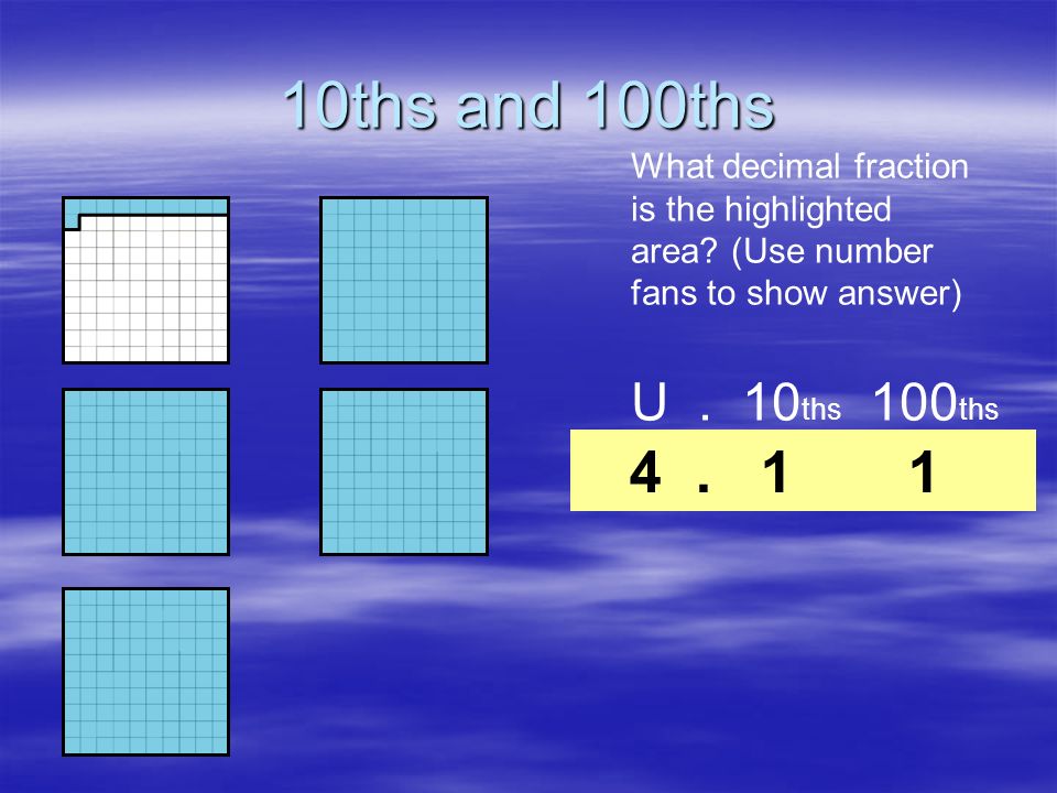 10ths and 100ths What decimal fraction is the highlighted area (Use number fans to show answer) U . 10ths 100ths.