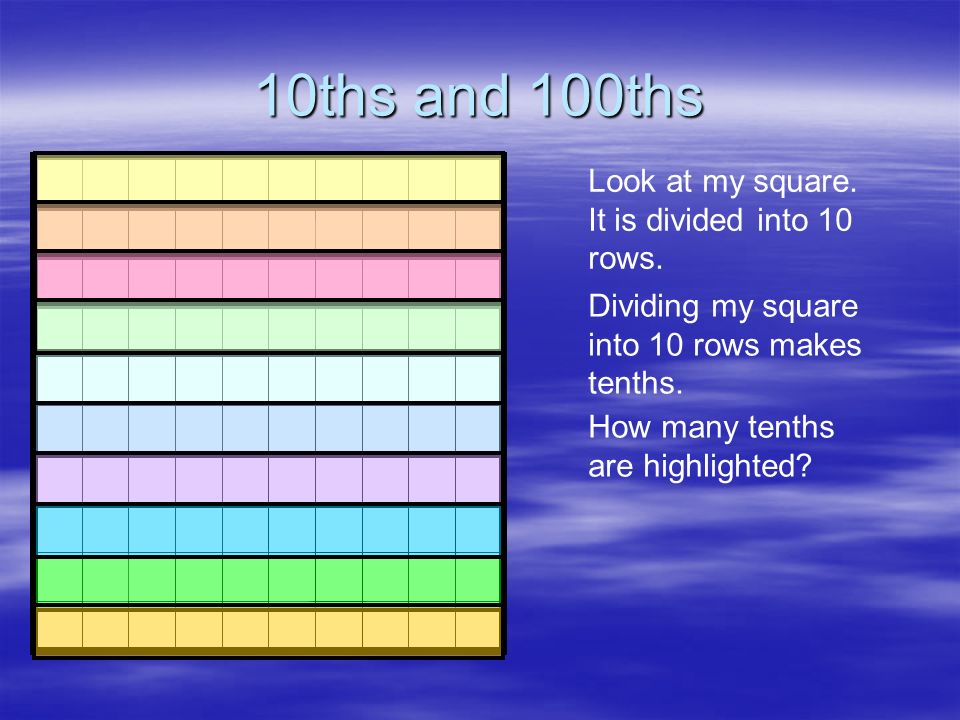 10ths and 100ths Look at my square. It is divided into 10 rows.