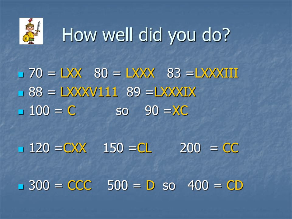 How well did you do 70 = LXX 80 = LXXX 83 =LXXXIII