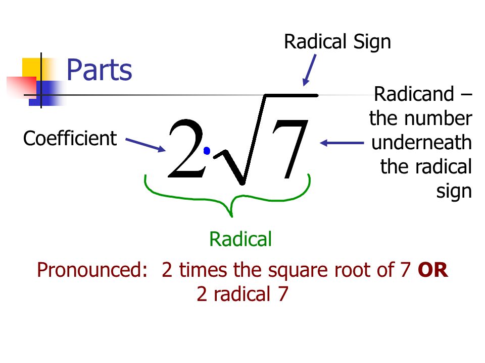 Pronounced: 2 times the square root of 7 OR 2 radical 7