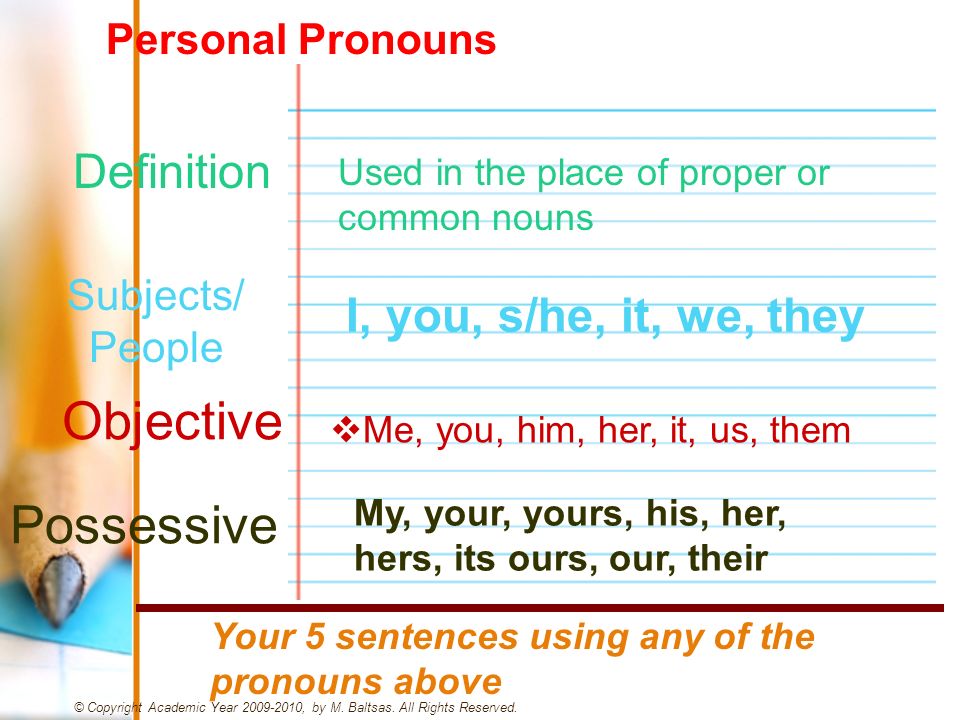Objective Possessive Definition I, you, s/he, it, we, they