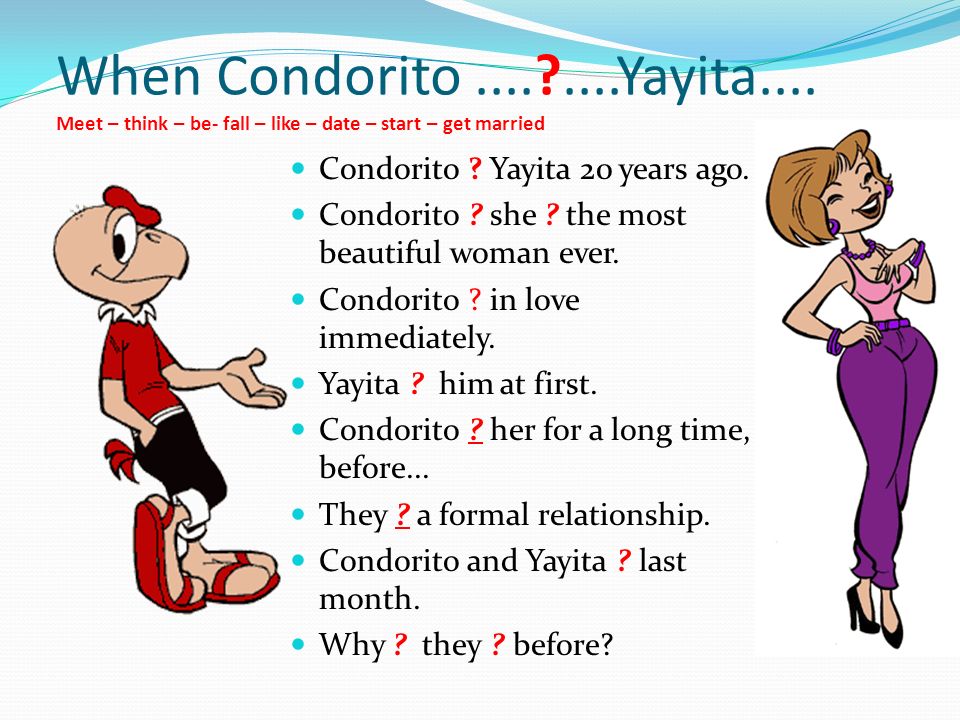 When Condorito Yayita.... Meet – think – be- fall – like – date – start – get married