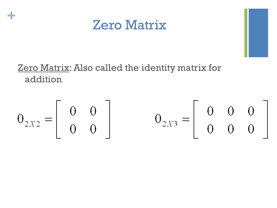 Zero Matrix Zero Matrix: Also called the identity matrix for addition