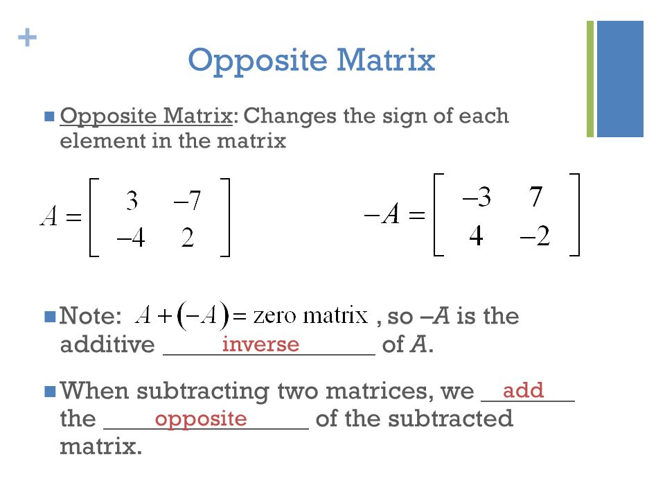 Opposite Matrix Note: , so –A is the additive of A.