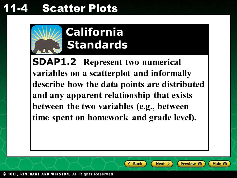 SDAP1.2 Represent two numerical variables on a scatterplot and informally describe how the data points are distributed and any apparent relationship that exists between the two variables (e.g., between time spent on homework and grade level).