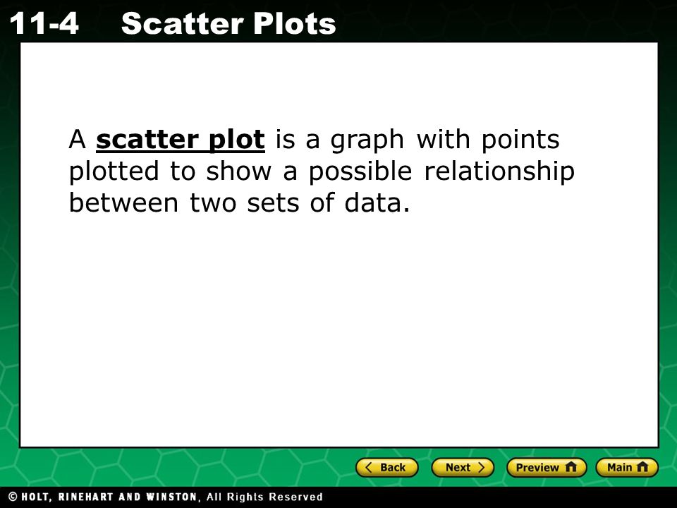 A scatter plot is a graph with points plotted to show a possible relationship between two sets of data.