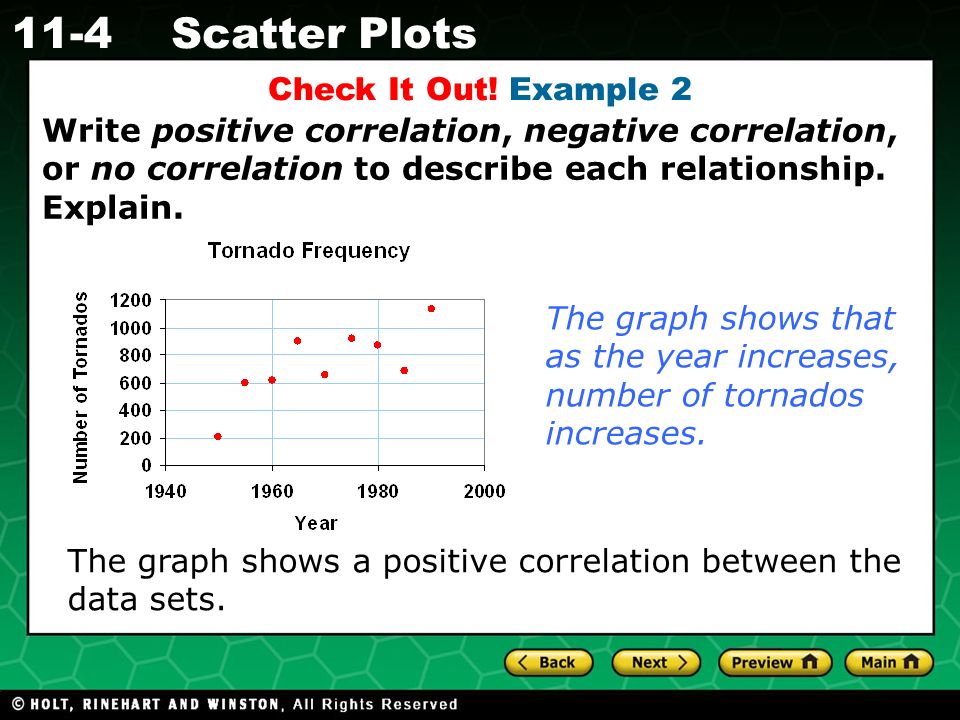 Check It Out! Example 2 Write positive correlation, negative correlation, or no correlation to describe each relationship. Explain.