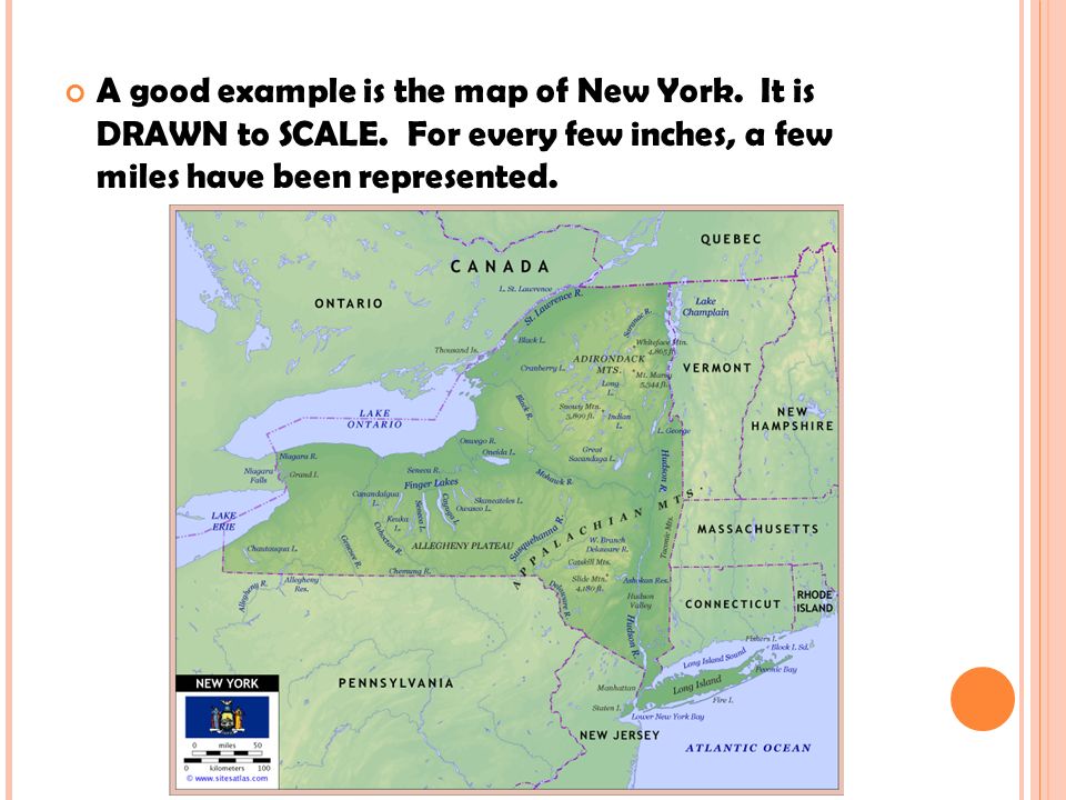 A good example is the map of New York. It is DRAWN to SCALE