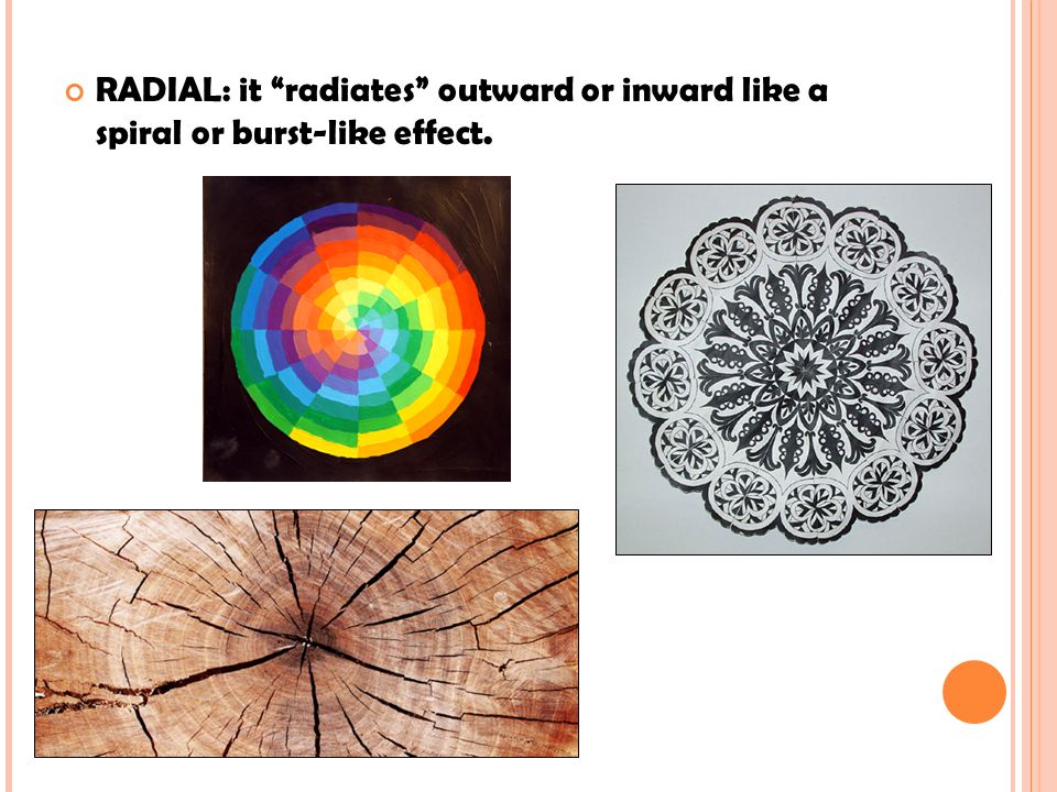 RADIAL: it radiates outward or inward like a spiral or burst-like effect.