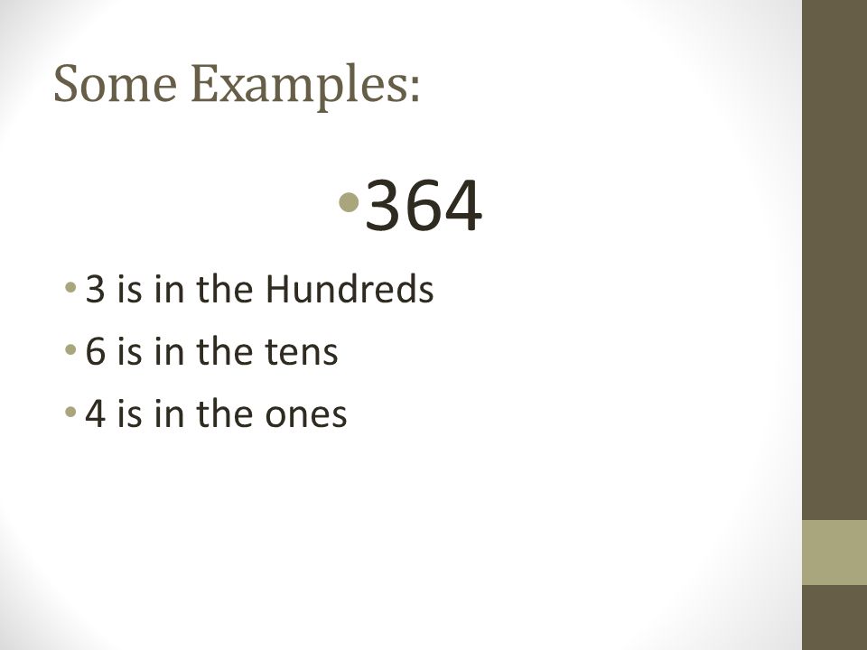 364 Some Examples: 3 is in the Hundreds 6 is in the tens