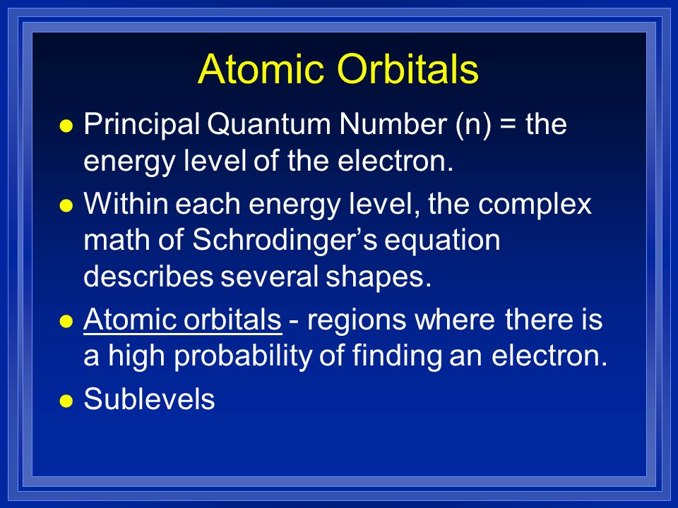Atomic Orbitals Principal Quantum Number (n) = the energy level of the electron.