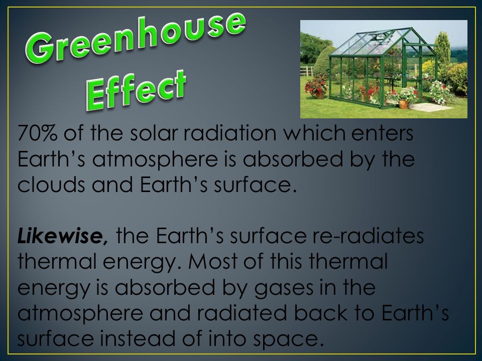 Greenhouse Effect 70% of the solar radiation which enters Earth’s atmosphere is absorbed by the clouds and Earth’s surface.