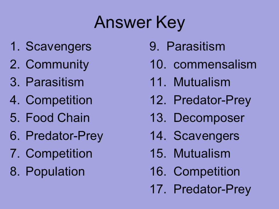 Answer Key Scavengers 9. Parasitism Community 10. commensalism