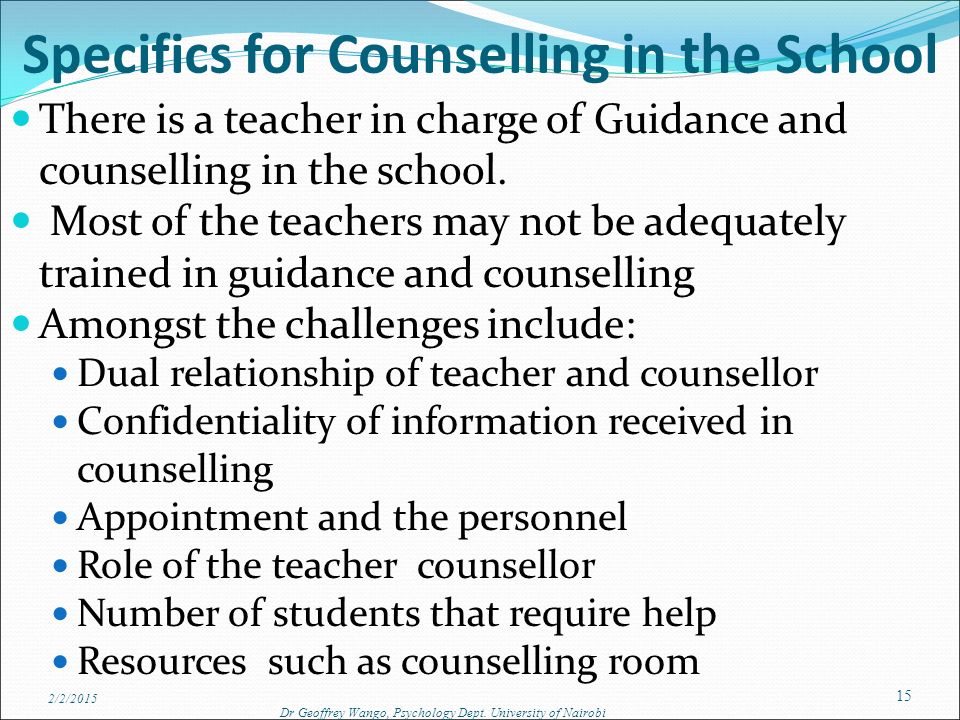 Specifics for Counselling in the School