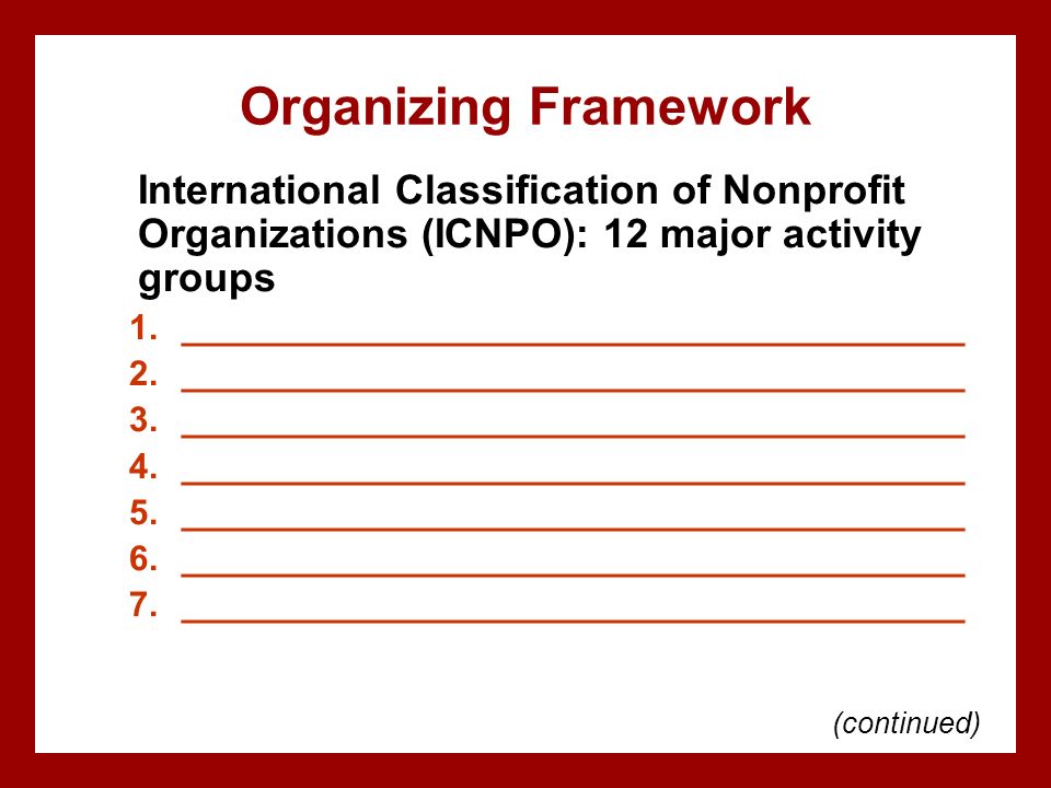 Organizing Framework International Classification of Nonprofit Organizations (ICNPO): 12 major activity groups.