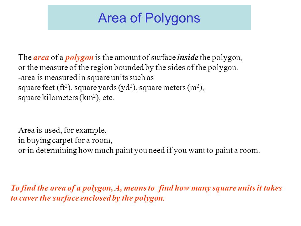 Area of Polygons The area of a polygon is the amount of surface inside the polygon,