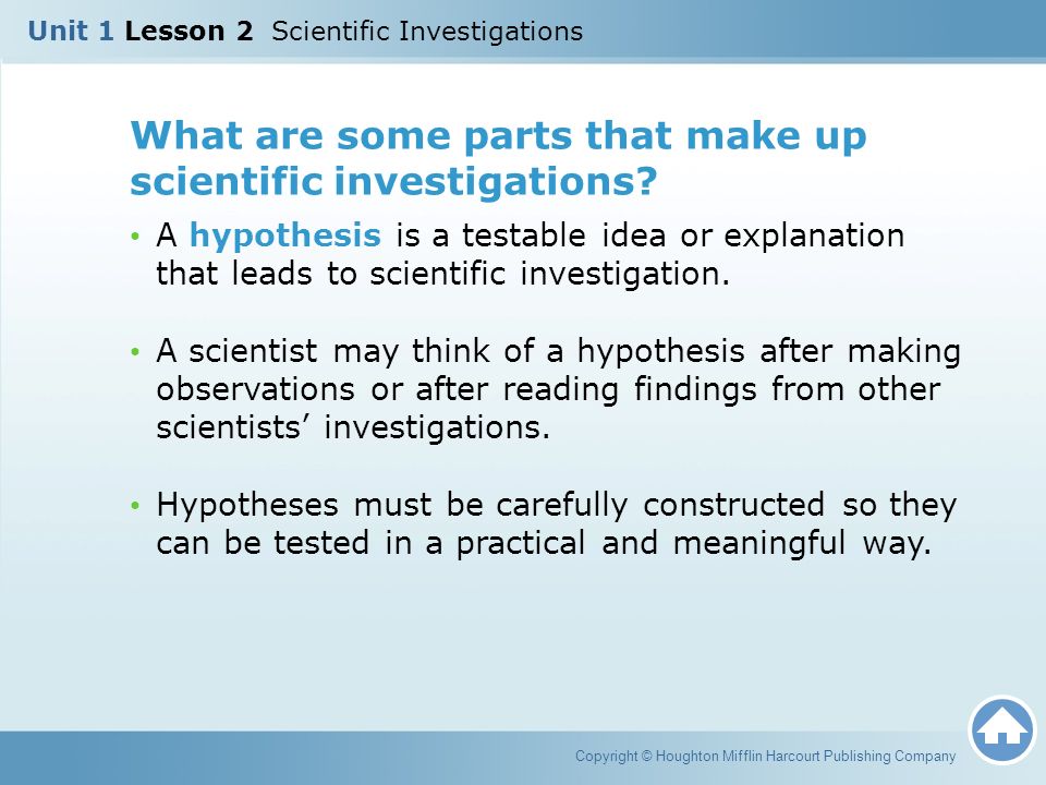 What are some parts that make up scientific investigations