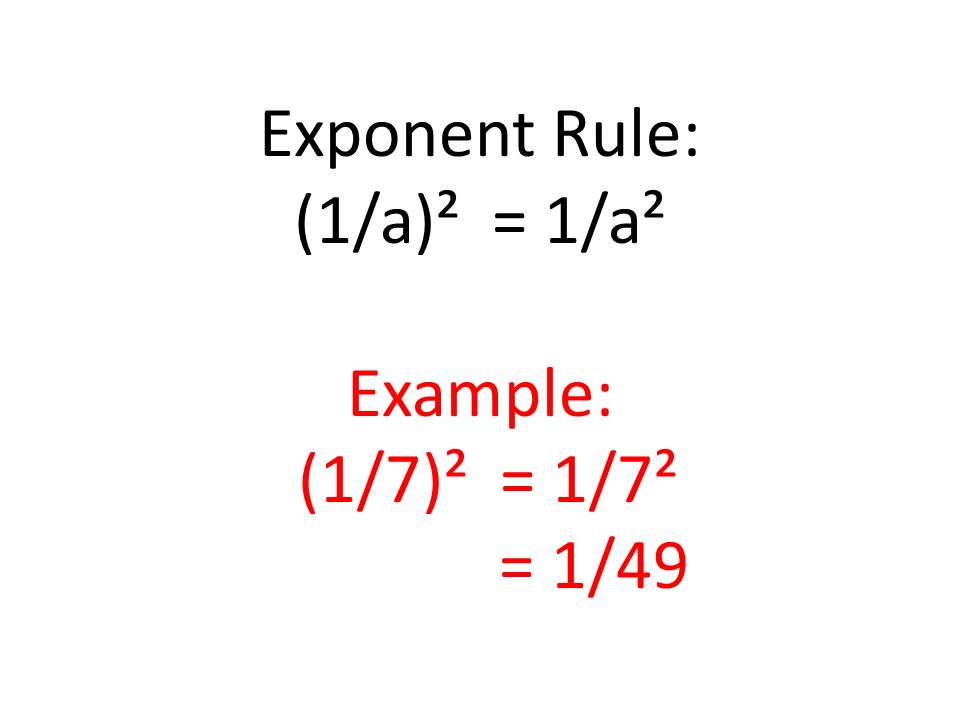 Exponent Rule: (1/a)² = 1/a² Example: (1/7)² = 1/7² = 1/49