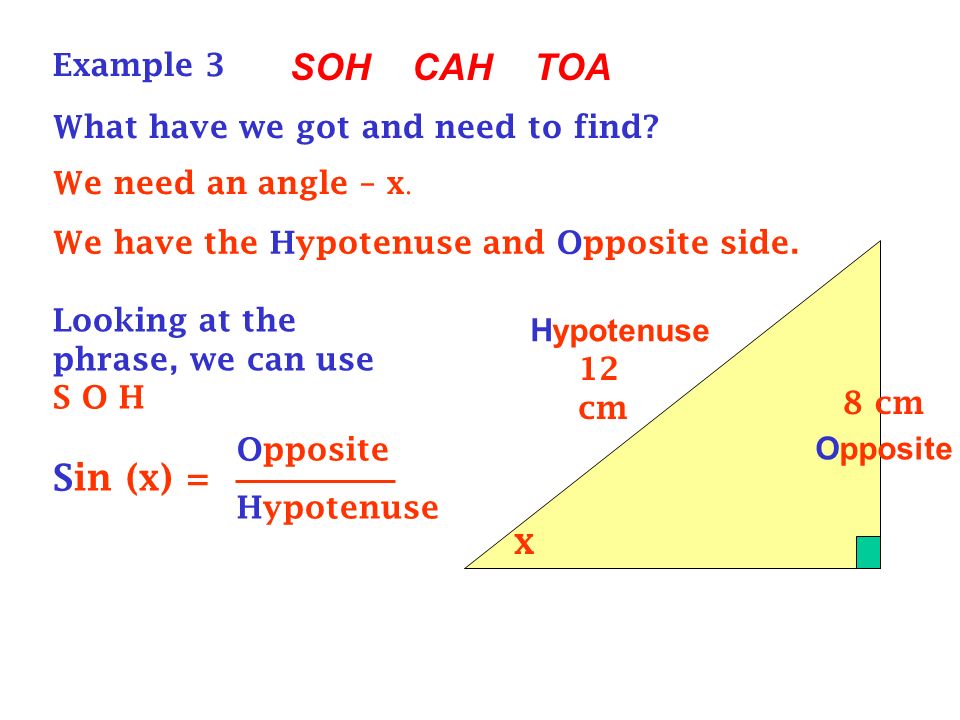 SOH CAH TOA Sin (x) = x Example 3 What have we got and need to find