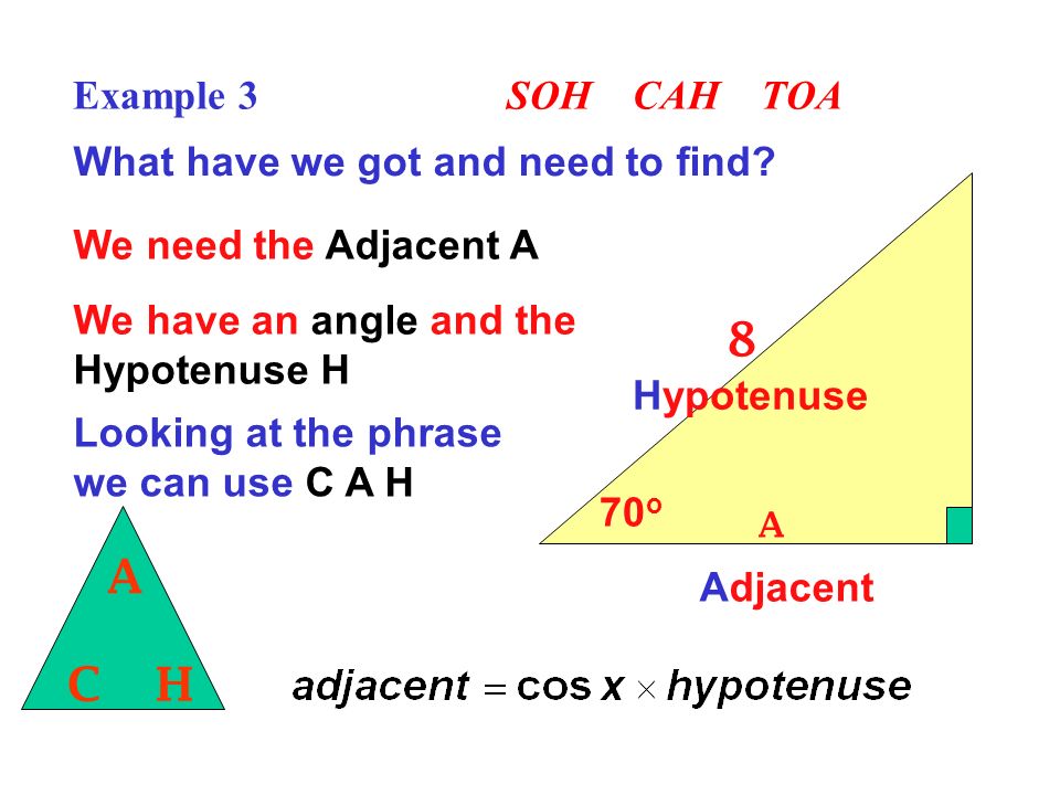 8 C A H Example 3 SOH CAH TOA What have we got and need to find