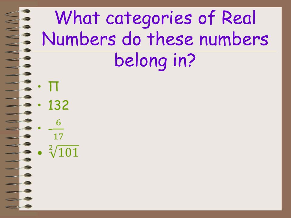 What categories of Real Numbers do these numbers belong in