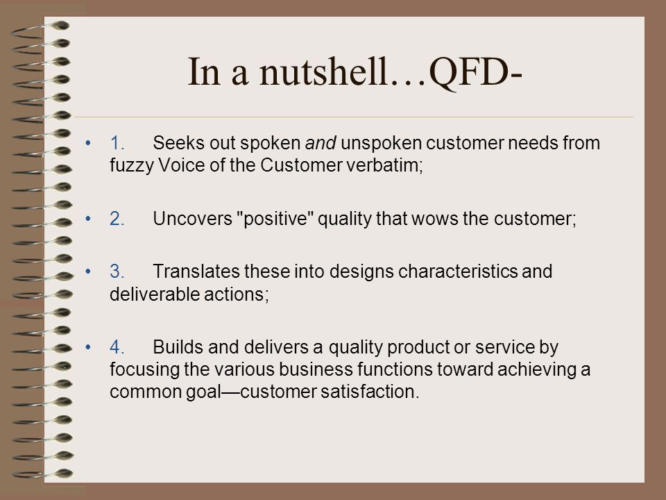 In a nutshell…QFD- 1. Seeks out spoken and unspoken customer needs from fuzzy Voice of the Customer verbatim;