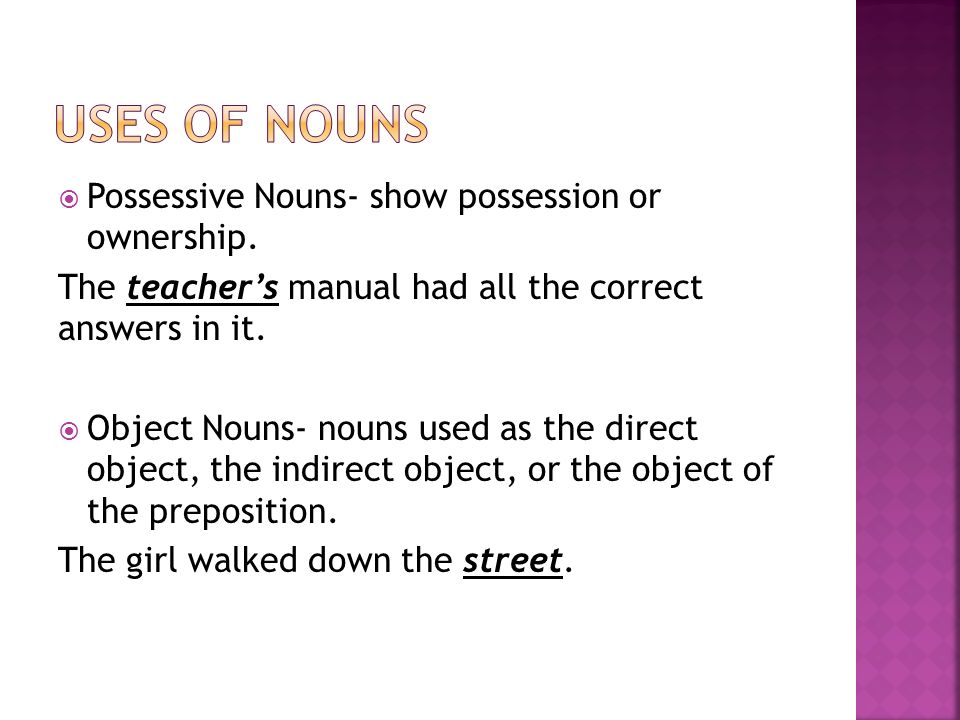 Uses of nouns Possessive Nouns- show possession or ownership.