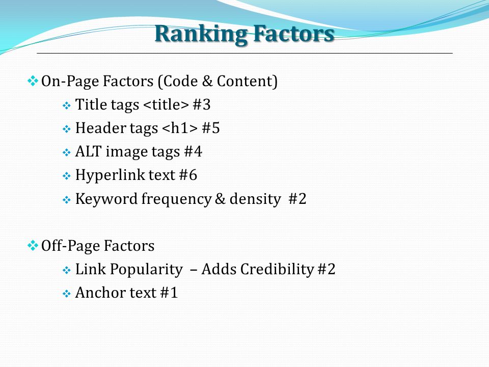 Ranking Factors On-Page Factors (Code & Content)