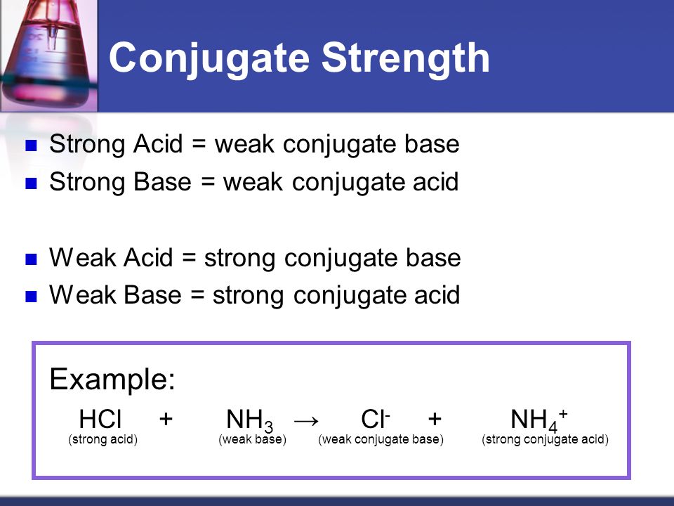 strong conjugate acid. strong acid) (weak base) (weak conjugate base) (stro...