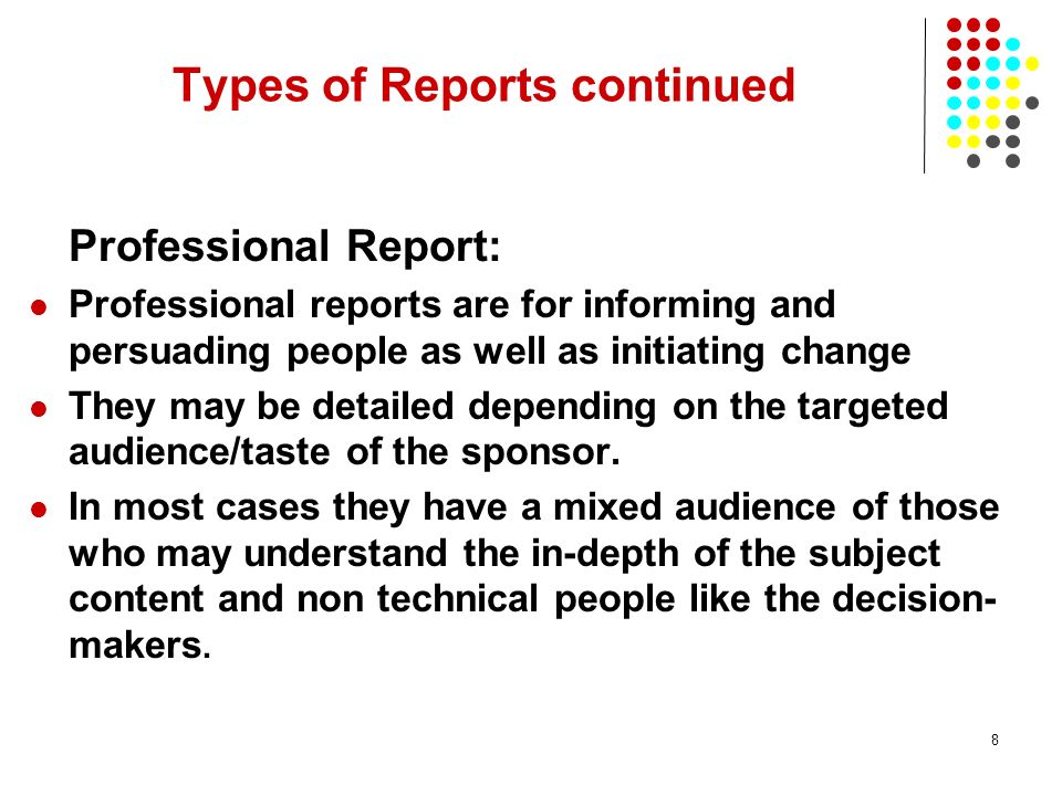 Types of Reports continued