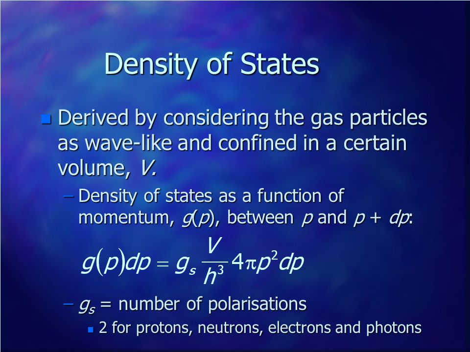 Density of States Derived by considering the gas particles as wave-like and confined in a certain volume, V.